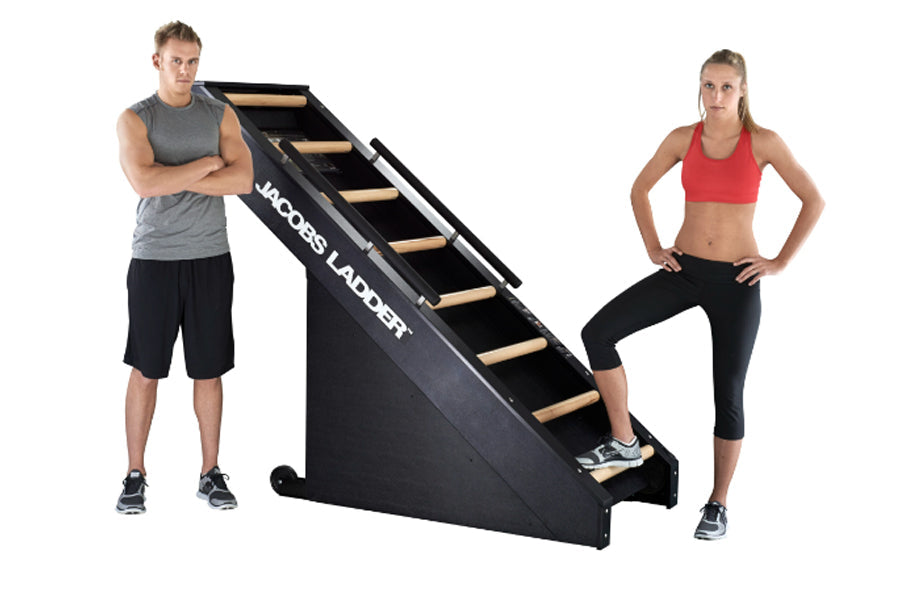 Black Jacobs Ladder climbing machine with wooden steps, shown with male model in gray tank top and female model in red sports