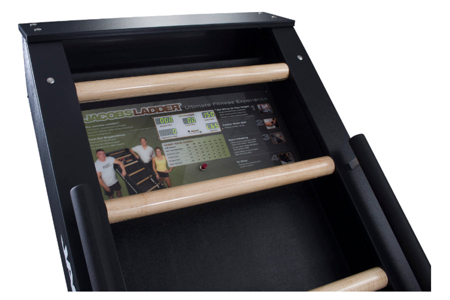 Black Jacobs Ladder climbing machine with natural wood rungs and digital display screen showing workout metrics and instructi