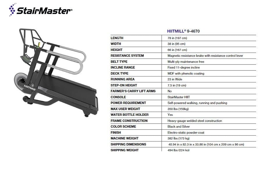 StairMaster HIITMill treadmill with black frame, silver accents, and safety handrails on white background