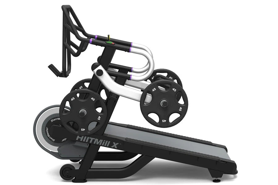 HIITMill X black and white treadmill with purple accents, weighted plate holders, and digital console display on white backgr
