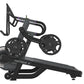 Black HIITMill X stairmill with curved base, dual 45-pound weight plates, curved handlebars, and digital console on white bac
