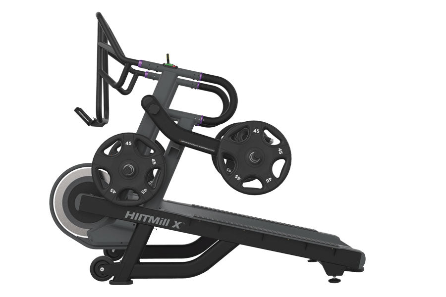 Black HIITMill X stairmill with curved base, dual 45-pound weight plates, curved handlebars, and digital console on white bac