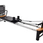 Stamina Pilates Reformer with black mesh headrest, black platform, silver rail, wooden footbar and headpiece, resistance cabl
