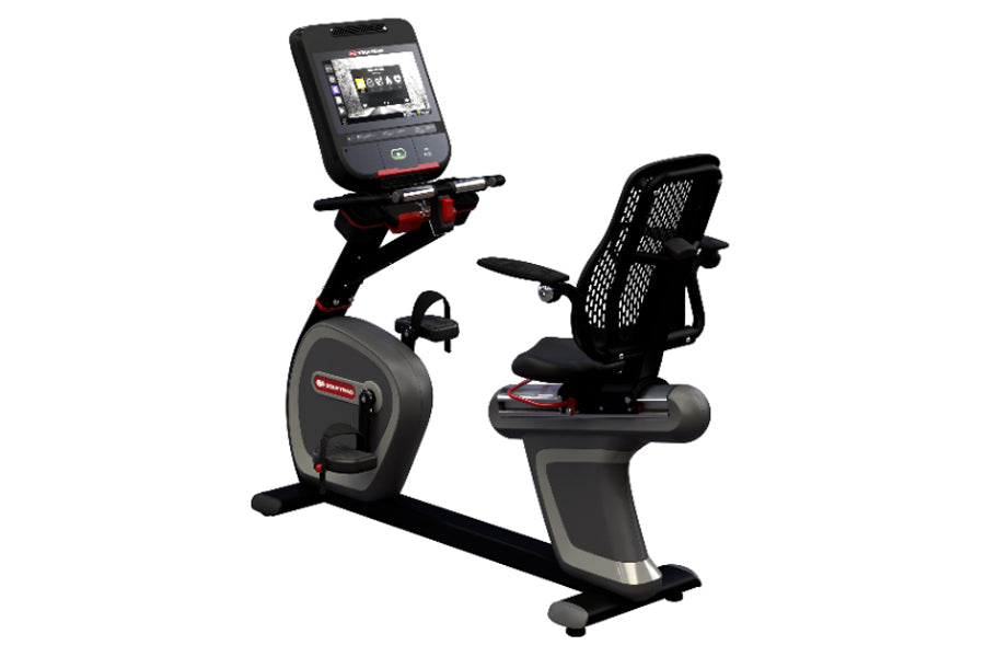Stationary recumbent exercise bike with black frame, gray base, mesh back support, digital console display, and red accent de