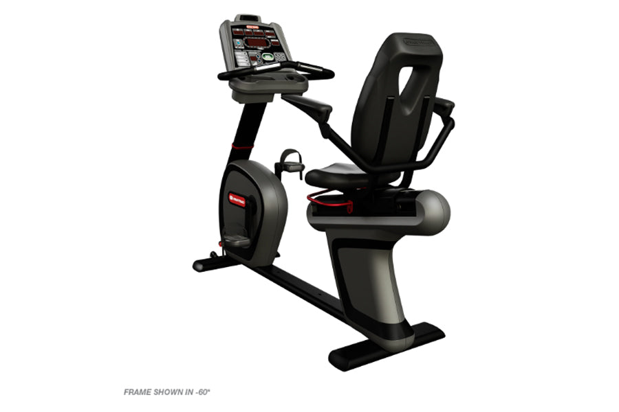 Black recumbent exercise bike with padded seat, digital console display, and handlebar grips on white background