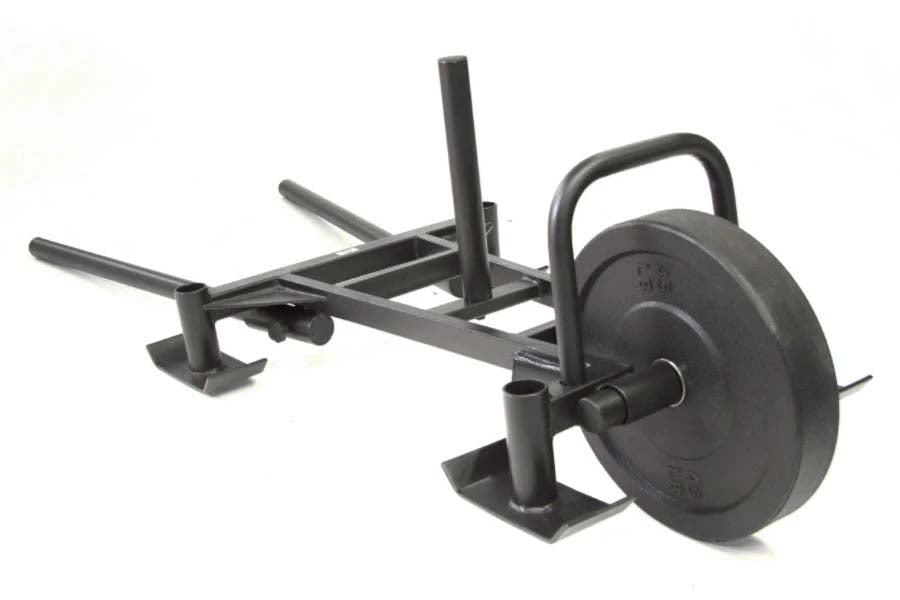 Black steel sled with weighted plate and dual handles on white background
