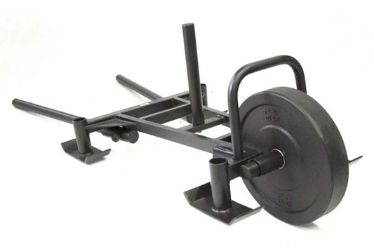 Black steel sled with weighted plate and dual handles on white background