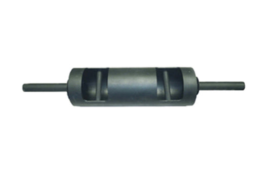Dark gray steel F-log bar with knurled grip sections and revolving sleeves on white background