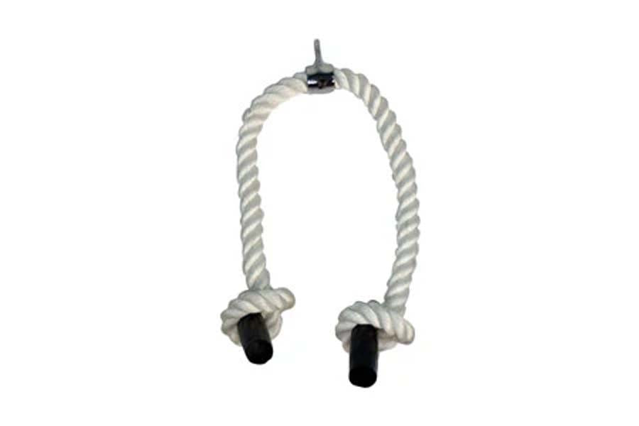 Warrior Super Tricep Rope with white twisted rope and black rubber handles on white background
