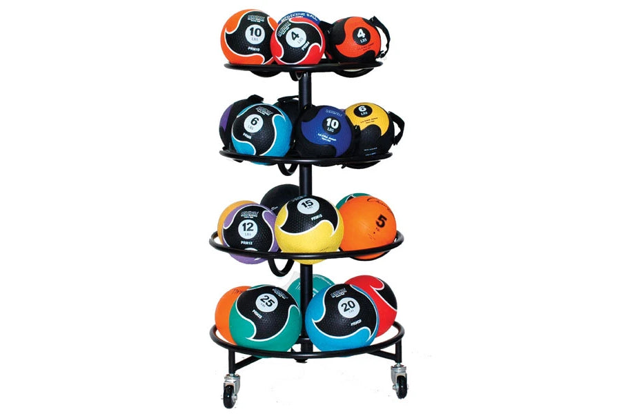 Black metal 4-tier medicine ball rack with casters holding colorful numbered medicine balls in orange, red, blue, yellow, pur