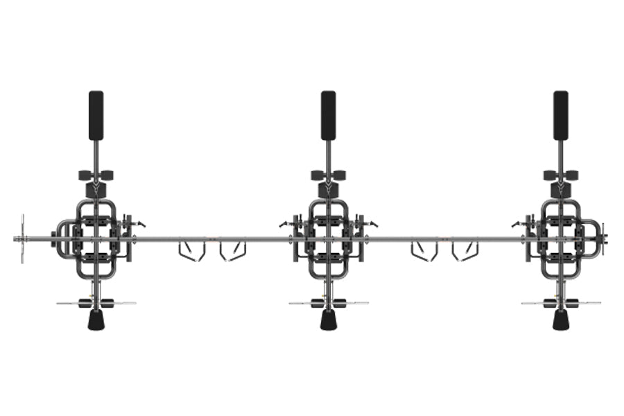 TRUE TMS12000 dual modular frame with cable crossovers, three black and grey attachment stations with handles on horizontal b