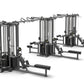 TRUE TMS12000 dual modular cable crossover system with black frame, vertical cable towers, and attached benches on white back