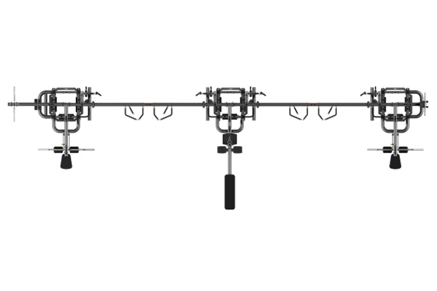 TRUE TMS12000 dual modular frame with cable crossovers, three black and gray metal stations on horizontal bar, flat lay view