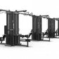 TRUE TMS16000 modular gym equipment with four black frames, cable crossovers, and adjustable weight stations on white backgro