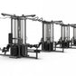 TRUE TMS16000 4 modular black exercise frames with cable crossover systems and leg press attachment on white background