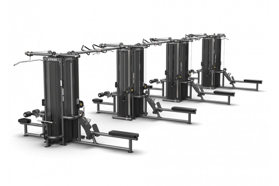 TRUE TMS16000 modular cable crossover station with four black frames, adjustable pulleys, and padded benches on white backgro