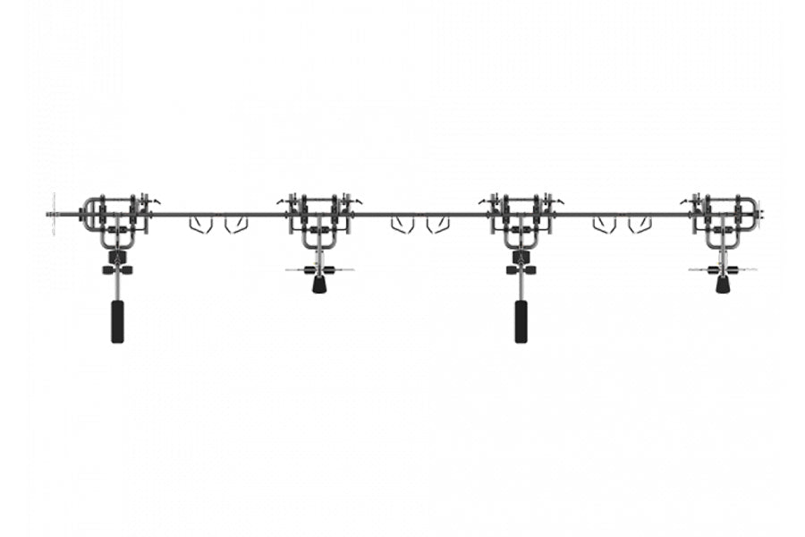 TRUE TMS16000 modular weight training frame with four stations featuring triple cable crossovers and black handles, technical