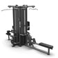 Black dual-tower strength training machine with cable pulleys, leg extension attachment, and horizontal press arm on white ba