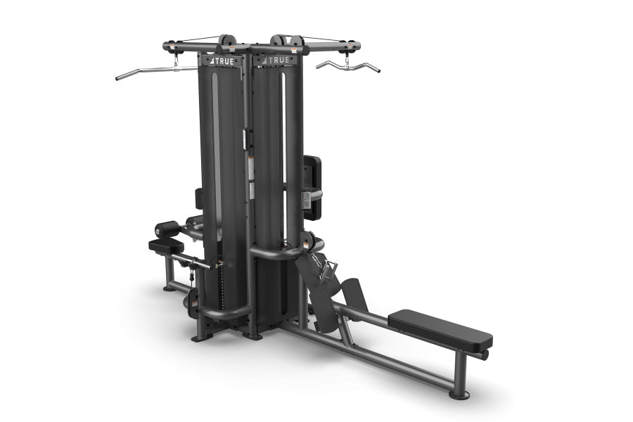 Black dual-tower strength training machine with cable pulleys, leg extension attachment, and horizontal press arm on white ba