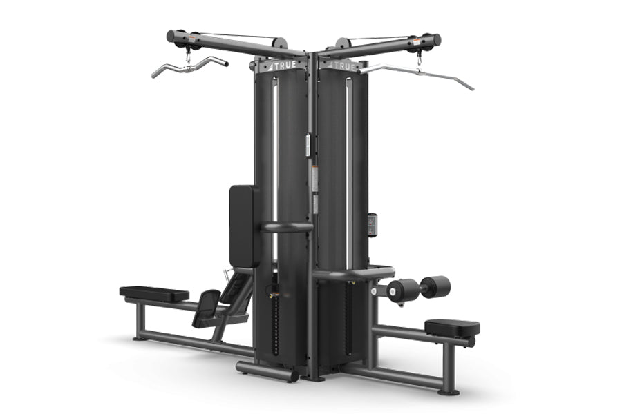 TRUE TMS4000 single modular quad frame with black steel construction, dual lever arms, and four station positions on white ba