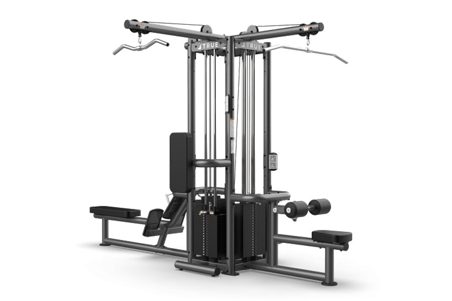 TRUE TMS4000 single modular quad frame multi-station strength training machine with dual cable columns, leg press platform, a