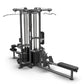 Black TRUE TMS4000 modular gym frame with cable machine, leg press attachment, and curved handles, on white background