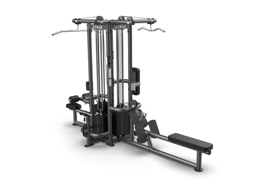 Black TRUE TMS4000 modular gym frame with cable machine, leg press attachment, and curved handles, on white background