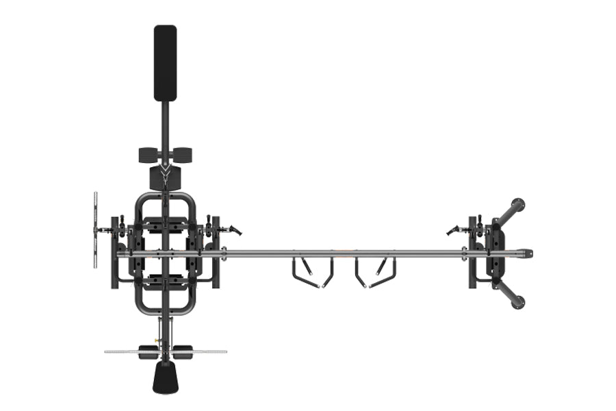 Black cable crossover machine with dual adjustable arms, weight stack pulleys, and footplate on white background