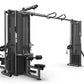 Black modular cable crossover gym system with dual stations, lat pulldown and leg press attachments, on white background