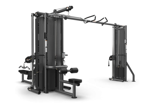 Black modular cable crossover gym system with dual stations, lat pulldown and leg press attachments, on white background