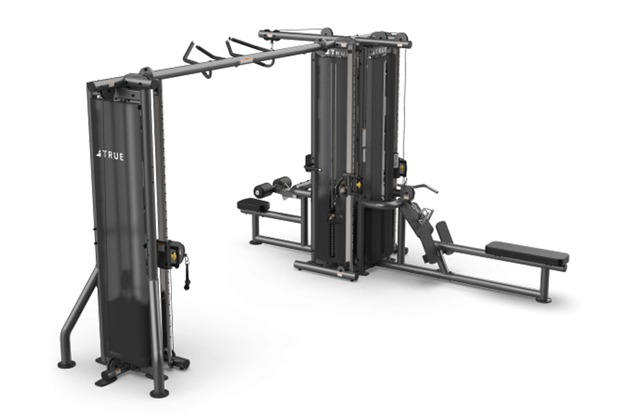 TRUE TMS5000 modular black gym frame with cable crossovers and adjustable weight stack stations on white background