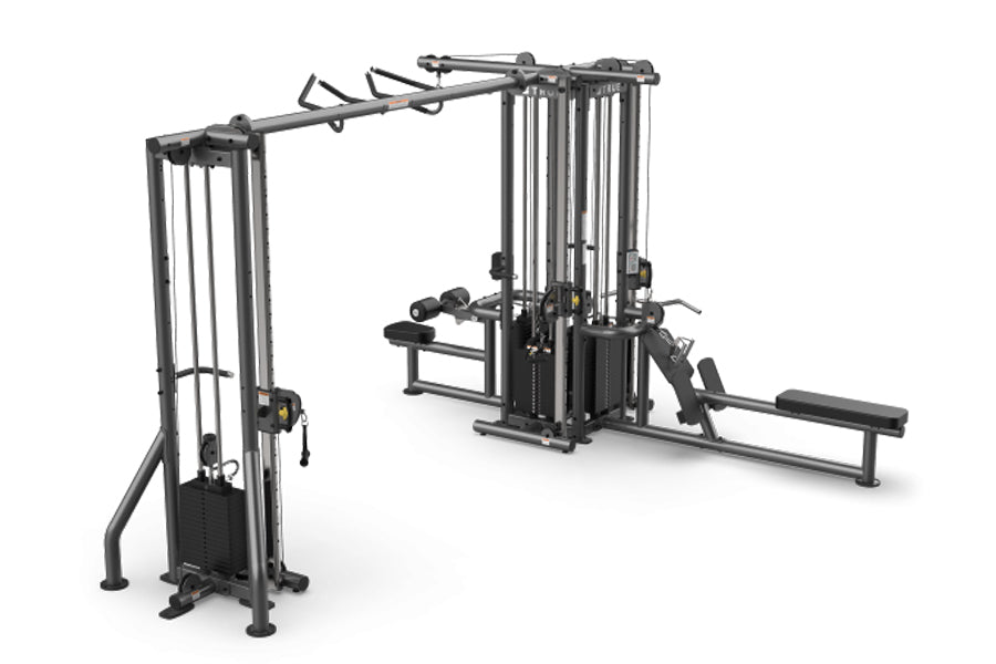 TRUE TMS5000 modular strength training frame with cable crossover system, black metal construction on white background