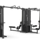 TRUE TMS6000 modular gym system with dual cable crossovers, black steel frame with adjustable arms and benches, on white back