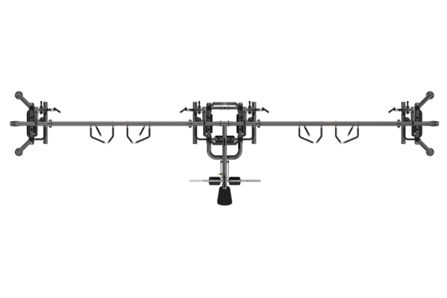 Black metal modular cable crossover frame with dual adjustable arms, center handle, and foot pedal on white background, top v