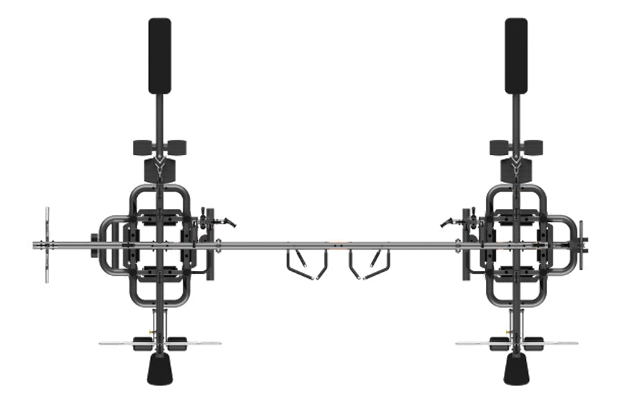 TRUE TMS8000 dual modular frame with cable crossovers, black metal structure with dual uprights and horizontal bar, overhead 