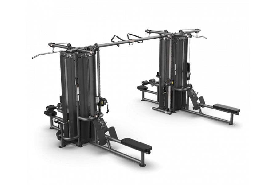 TRUE TMS8000 dual modular frame with cable crossovers, black and gray commercial gym equipment on white background