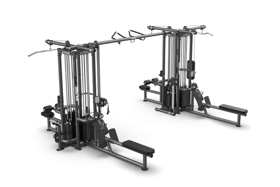 TRUE TMS8000 dual modular frame with cable crossovers and adjustable weight stacks, shown on white background