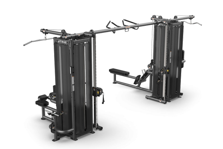TRUE TMS8000 dual modular frame with cable crossovers, black steel gym equipment with adjustable pulleys and leg press attach