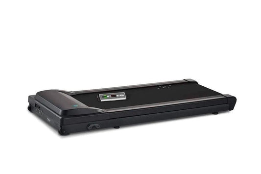 Black under-desk treadmill with digital display console and curved motor housing on white background