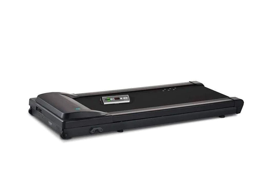 Black under-desk treadmill with digital display panel and control buttons, shown on white background