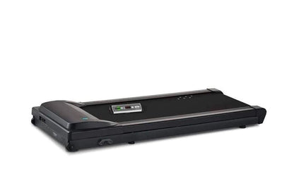 Black under-desk treadmill with digital display panel and control buttons, shown on white background