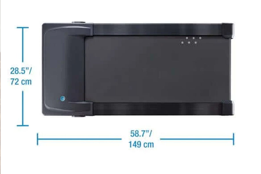 Black under-desk treadmill with digital display and control panel, shown with dimension measurements of 58.7 inches wide by 2