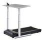 LifeSpan TR1000-Omni Desk Treadmill with black running belt, gray desktop surface, and white adjustable legs on white backgro