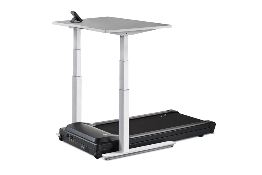 LifeSpan TR1000-Omni Desk Treadmill with black running belt, gray desktop surface, and white adjustable legs on white backgro