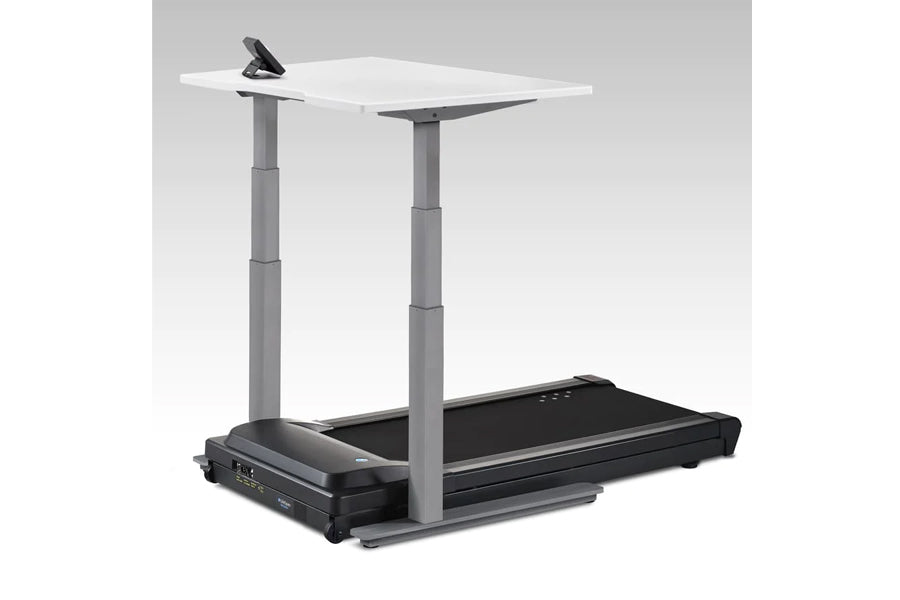 LifeSpan TR1000-Omni Desk Treadmill with white adjustable desktop, gray metal frame, and black treadmill base on white backgr