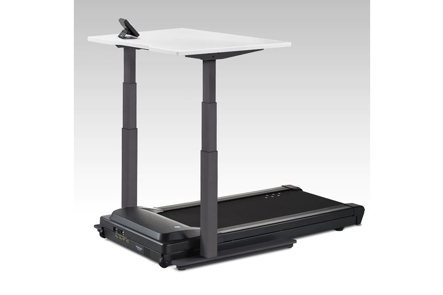 LifeSpan TR1000-Omni Desk Treadmill with white desktop surface, black running deck, and two adjustable height support columns