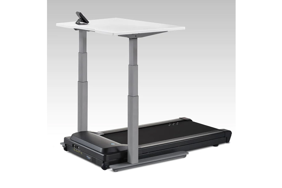 LifeSpan TR1000-Omni Desk Treadmill with black running belt, gray adjustable columns, and white desktop surface on gray backg