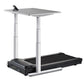 Adjustable height desk treadmill with black belt, gray work surface, white steel frame, and black control panel on white back