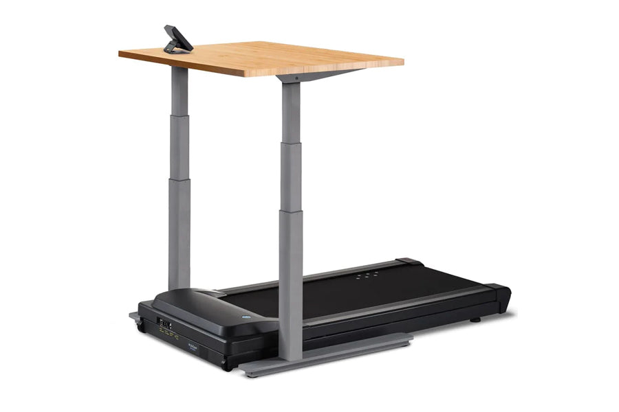 LifeSpan TR1000-Omni Desk Treadmill with natural wood top, gray metal frame, and black treadmill base on white background