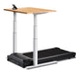 LifeSpan TR1000-Omni Desk Treadmill with black running surface, white adjustable legs, and natural wood desktop on white back